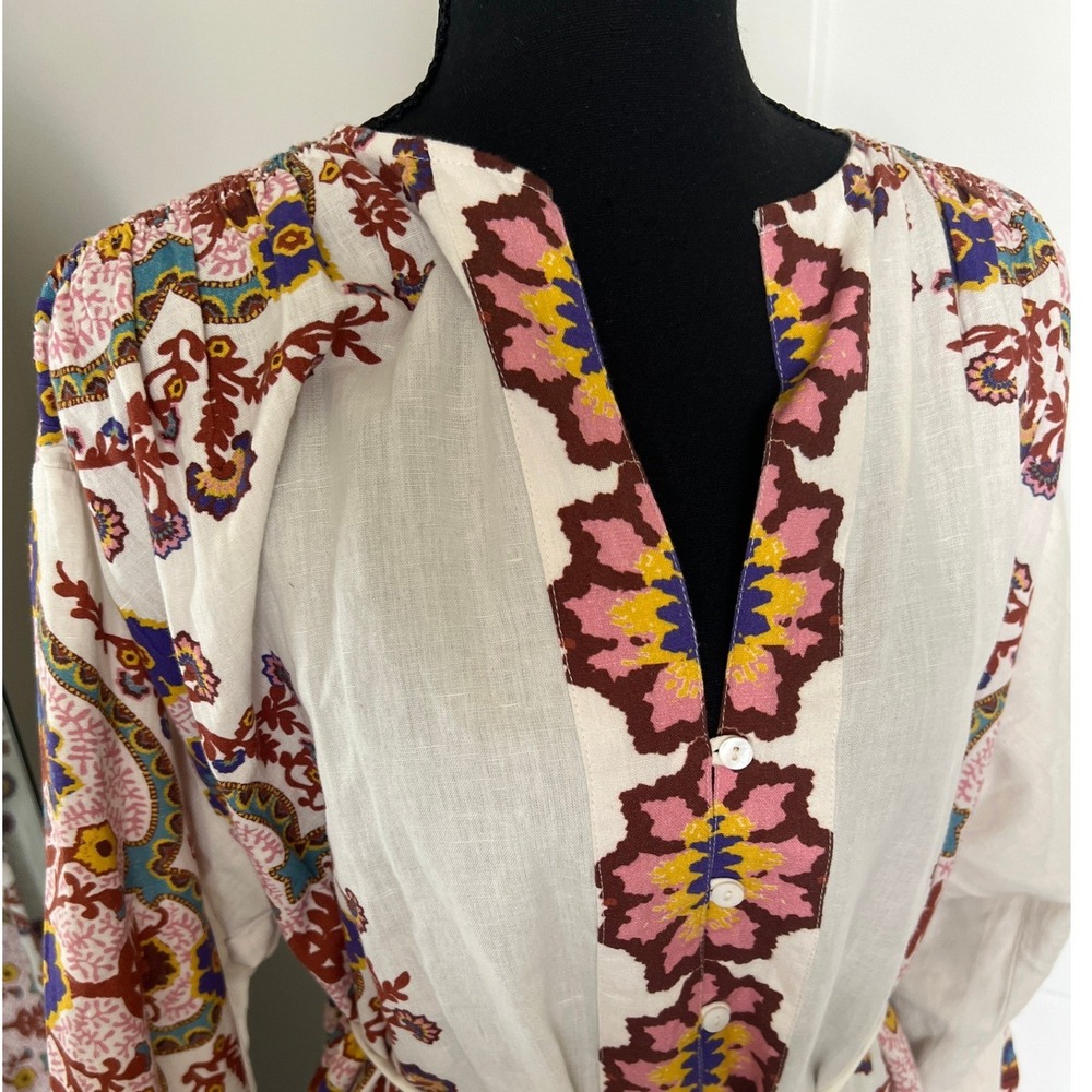 Cleobella Maxi Dress Womens Small White Floral Paisley Cotton Linen Boho Belted - Picture 9 of 16